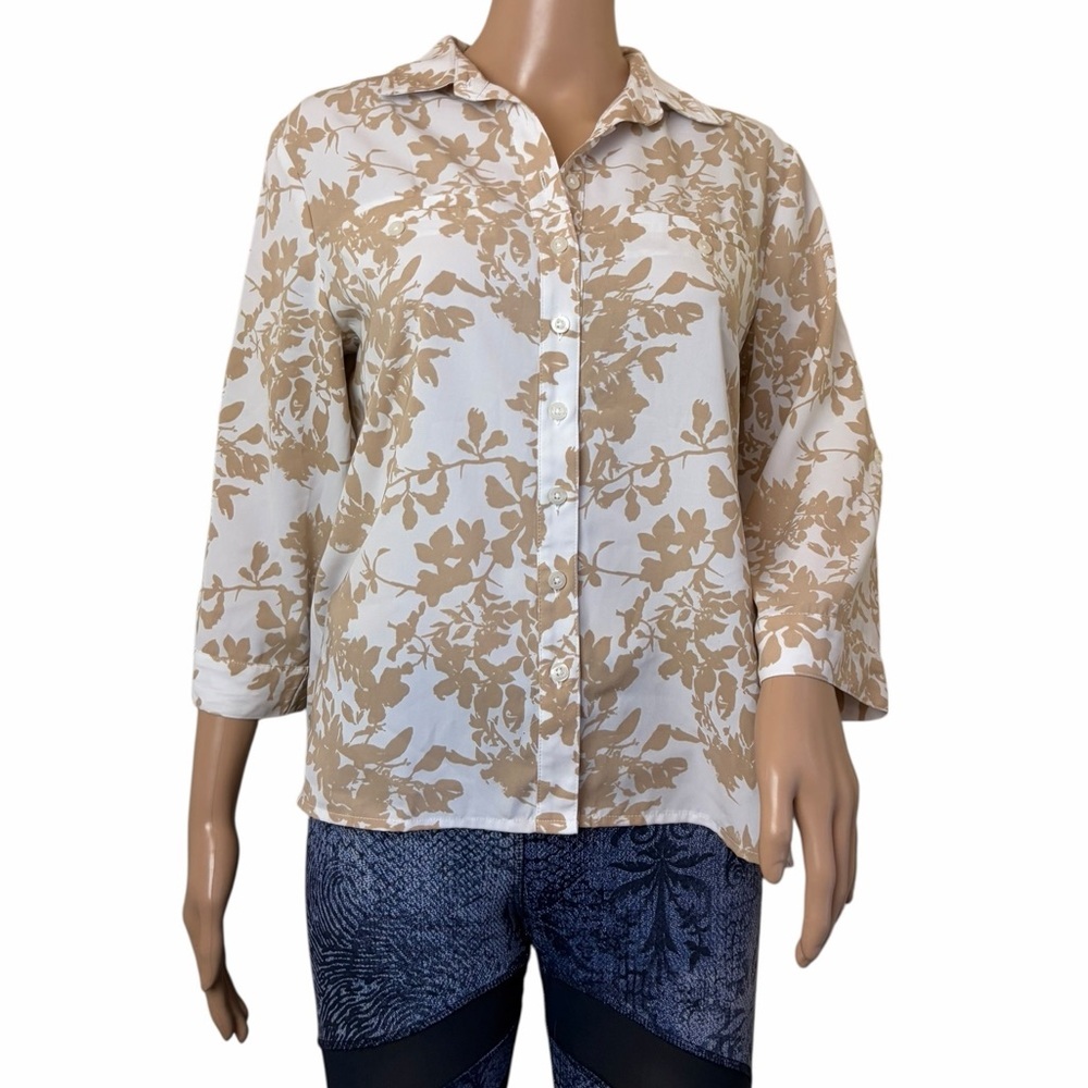 Laura Scott Floral Tan White Button‑Up Blouse